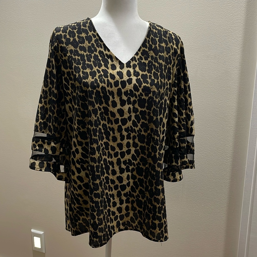 Leopard print top with sheer stripes on the arms. Soooo cute on!